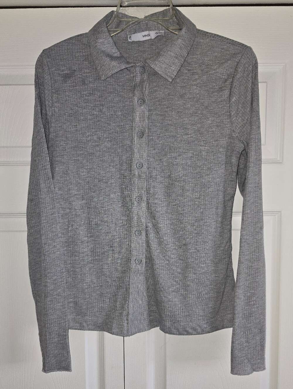 Mango Light Gray Ribbed Button-Up Polo